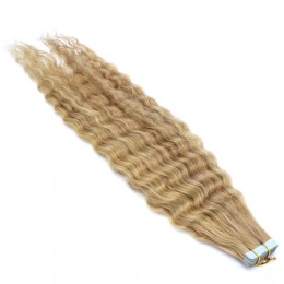 Tape in 100% lidské vlasy 50 cm - kudrnaté - přírodní až medová blond