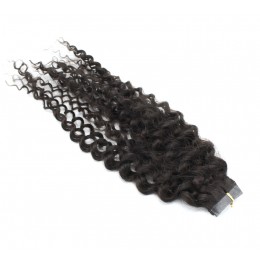 Tape in pravé vlasy 40 cm, kudrnaté – přírodní černá