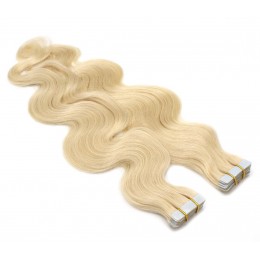 50cm Tape hair / pu extension / Tape IN lidské vlasy remy vlnité – nejsvětlejší blond