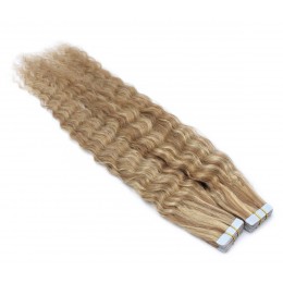 50cm Tape hair / pu extension / Tape IN lidské vlasy remy kudrnaté – světlý melír