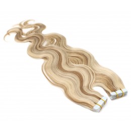 60cm Tape hair / pu extension / Tape IN lidské vlasy remy vlnité – platina / světle hnědá