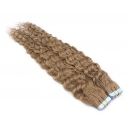 60cm Tape hair / pu extension / Tape IN lidské vlasy remy kudrnaté – světle hnědá