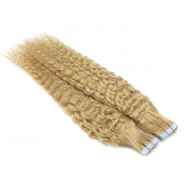 60cm Tape hair / pu extension / Tape IN lidské vlasy remy kudrnaté – přírodní blond